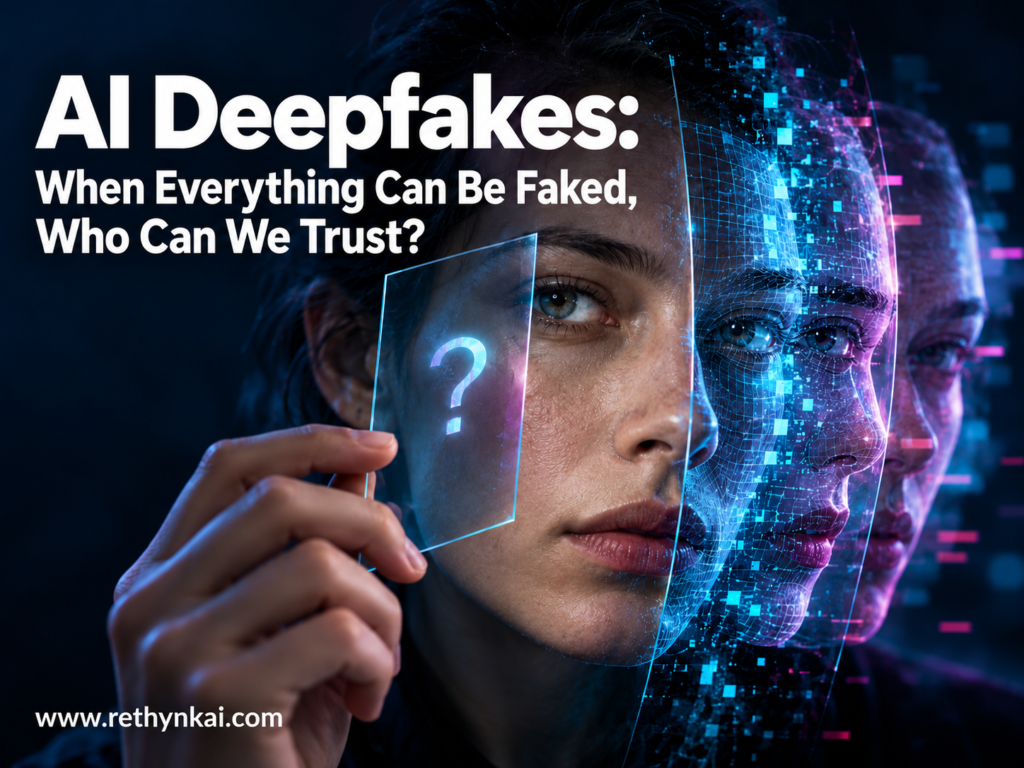Artificial intelligence deepfakes and digital trust, illustrating the challenges of verifying authentic photographs, audio recordings, and videos.