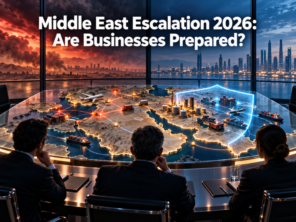 Middle East geopolitical tensions affecting energy markets, maritime shipping routes, aviation, and global business supply chains in 2026.