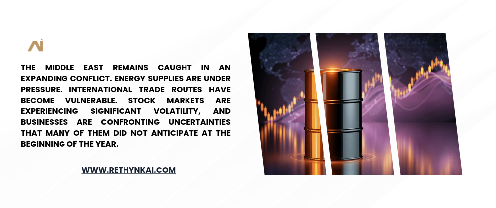 Global economic slowdown 2027 risks, illustrated by falling stock markets, rising energy prices, geopolitical tensions, and real estate uncertainty.