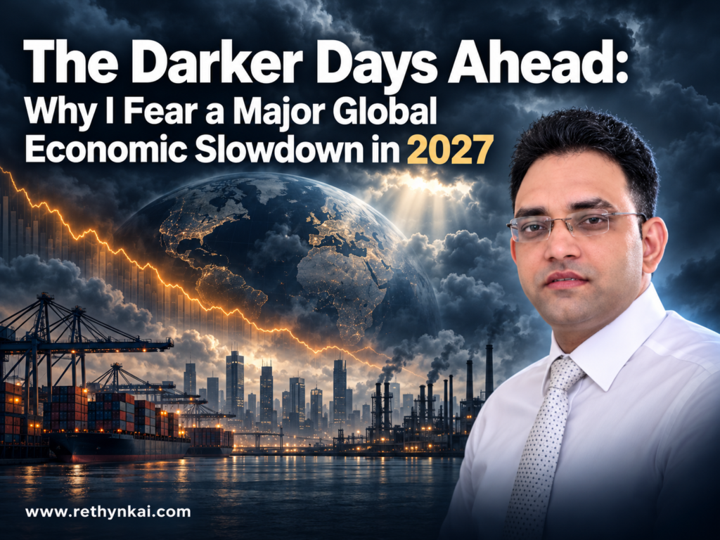 Global economic slowdown 2027 risks, illustrated by falling stock markets, rising energy prices, geopolitical tensions, and real estate uncertainty.
